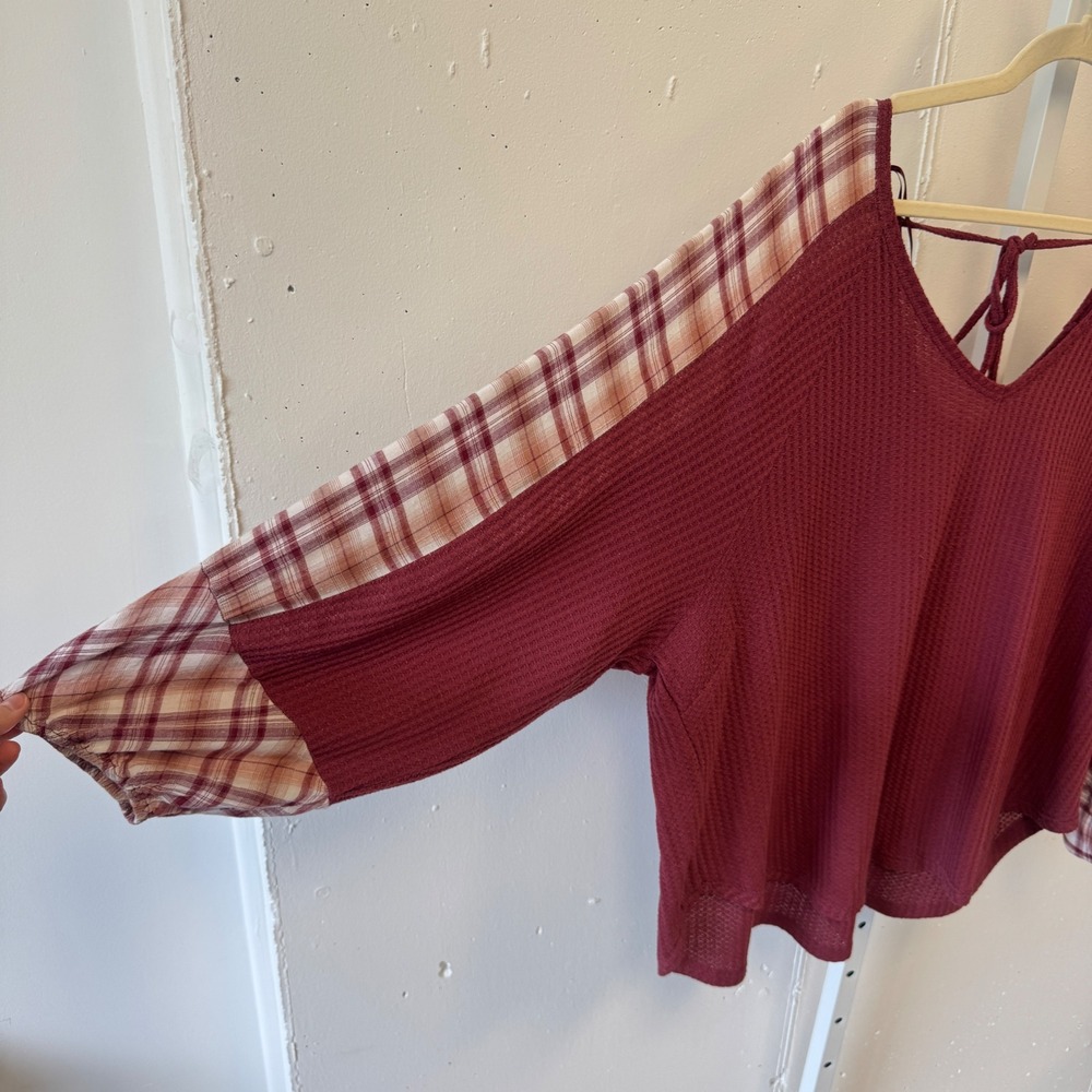 ACOA Burgundy Waffle Knit Plaid Balloon Sleeve Tie Back Top Plus Size 1X Relaxed - Picture 3 of 6